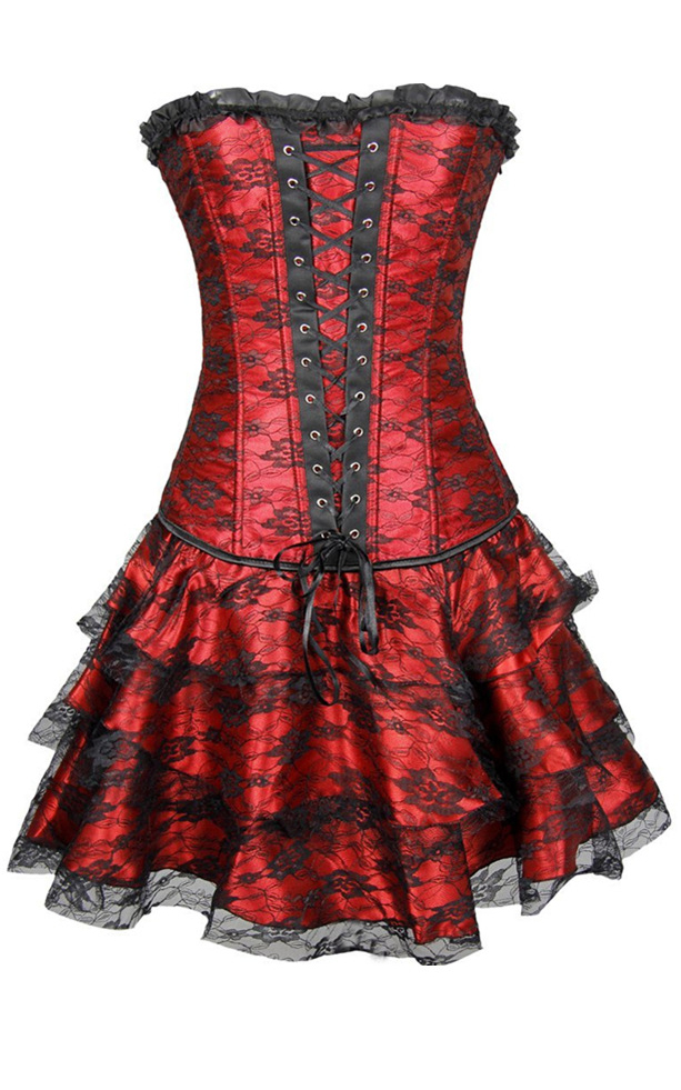 F3243-4 Red Women Layered Lace Up Bone Corsets Floral Corset